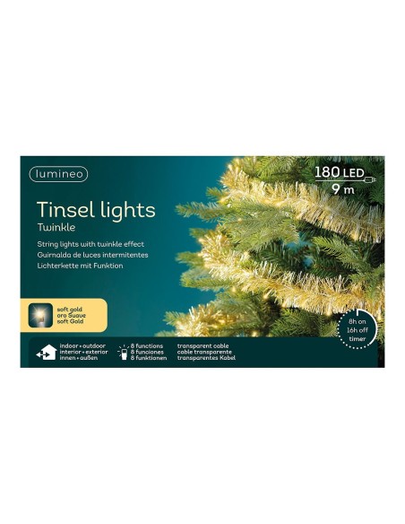 Espumillón dorado con guirnalda led intermitente, uso exterior, 8 funciones, oro suave, cable transparente, 180 leds, 9 m