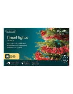 Espumillón rojo con guirnalda led intermitente, uso exterior, 8 funciones, oro suave, cable verde, 180 leds, 9 m 2