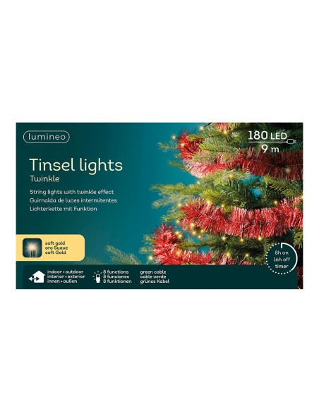 Espumillón rojo con guirnalda led intermitente, uso exterior, 8 funciones, oro suave, cable verde, 180 leds, 9 m