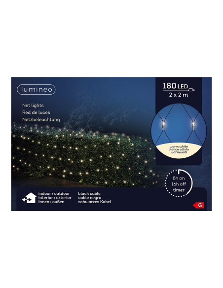 Red de luces led fija exterior, blanco cálido, cable negro, 2 x 2 m