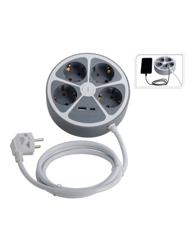Base de enchufe múltiple 4 tomas redonda + usb, 1,4m cable