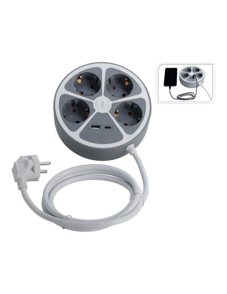 Base de enchufe múltiple 4 tomas redonda + usb, 1,4m cable