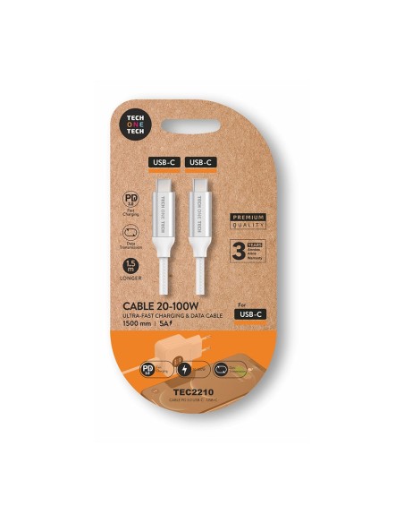 Cable usb-c a usb-c 20-100 w 5 a, blanco, 1,5 m