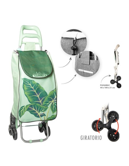 Carro de la compra plegable, verde con hojas, 6 ruedas