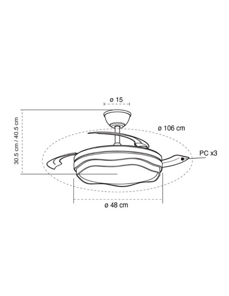 Ventilador de techo led cct, 3 aspas retráctiles 60 w, 6600 im, blanco, aspas ø106 cm, plafón ø15 cm, altura 30,5 - 40,5 cm