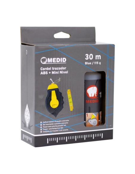 Cordel trazador abs 30 m + 115g polvo colorante azul + mini nivel