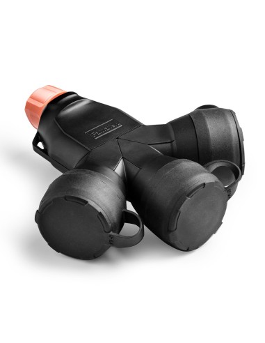 Adaptador con tapa de goma 3 tomas schuko 2p+t 16a 250 v, ip54, negro, máx. 1,5 x 2,5 mm² y prensaestopas