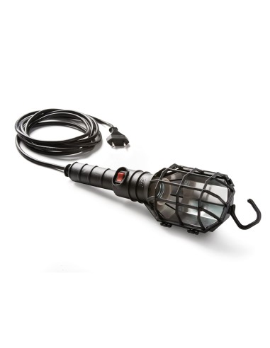 Lámpara portátil con pantalla 60 w 250 v e27, mango de goma negro, cable 5 m, interruptor y gancho