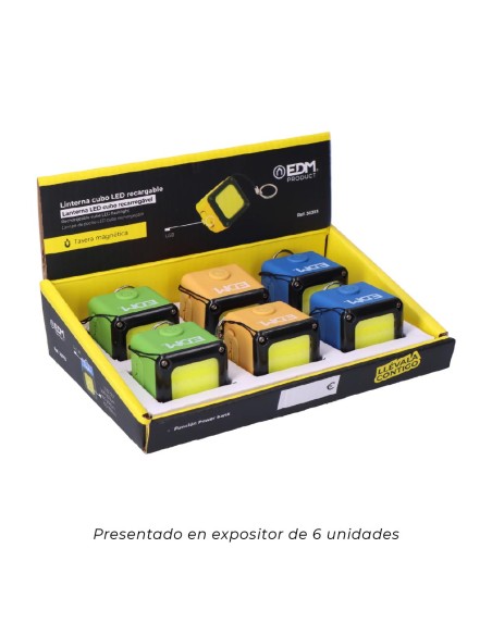 Linterna cubo led recargable. cob 3w 300lm 1.000mah con usb + iman. funcion power bank. colores surtidos