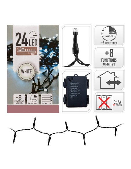 Guirnalda a pilas multifuncion 24 leds cable negro luz blanco frio 2,30m