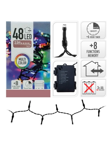 Guirnalda a pilas multifuncion 48 leds cable negro luz multicolor 4m