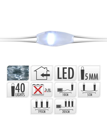 Guirnalda cable plateado, luz blanca fría, a pilas, 195cm
