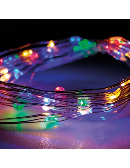 Guirnalda a pilas fija 40 leds cable alambre plateado luz multicolor 2,05m