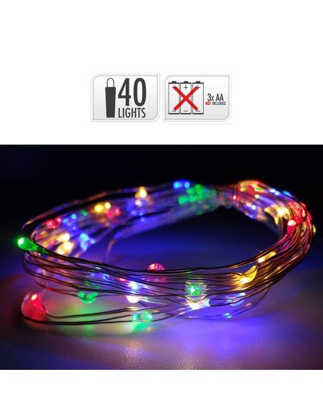 Guirnalda a pilas fija 40 leds cable alambre plateado luz multicolor 2,05m