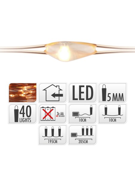 Guirnalda a pilas fija 40 leds cable alambre cobre luz blanco calido 2,05m