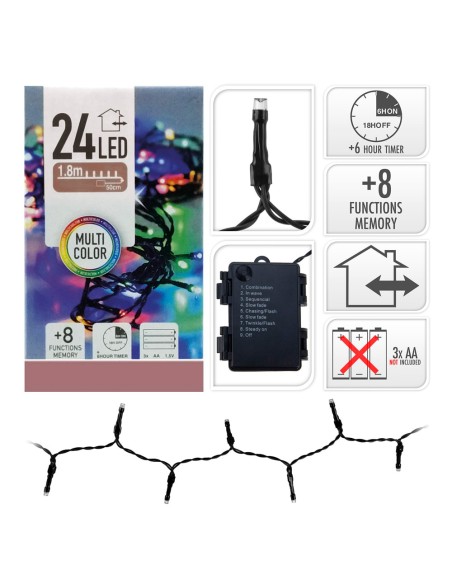 Guirnalda a pilas multifuncion 24 leds cable negro luz multicolor 2,30m
