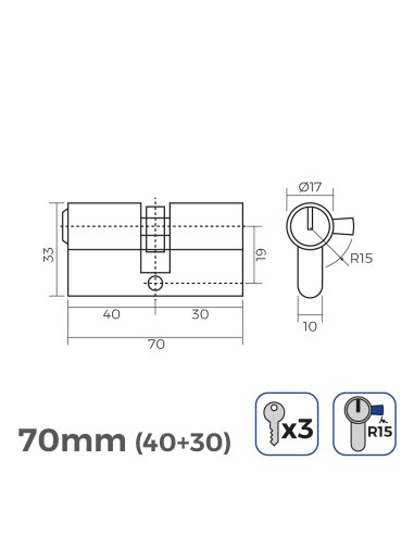 Cilindro de latón 70mm (40+30mm) leva larga r15...