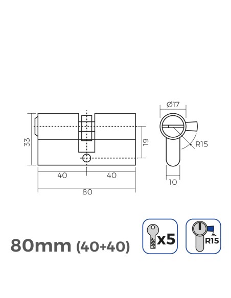 Cilindro latón 80mm (40+40mm) leva larga r15 con 5 llaves de seguridad incluidas