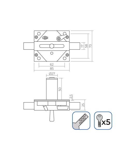 Cerrojo con perno de acero incluye 5 llaves de seguridad
