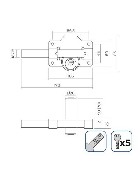 Cerrojo de seguridad color níquel incluye 5 llaves de seguridad