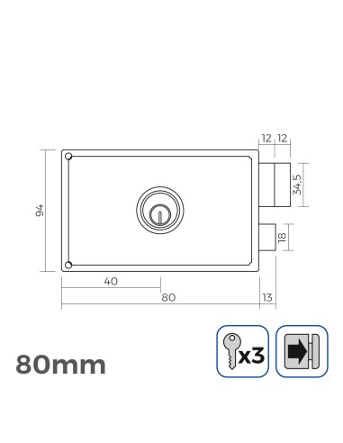 Cerradura derecha 80mm 3 llaves incluidas