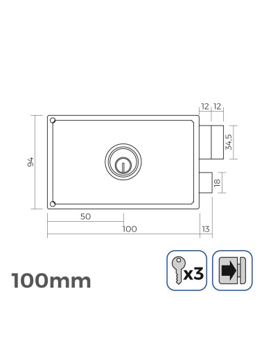 Cerradura derecha 100mm 3 llaves incluidas