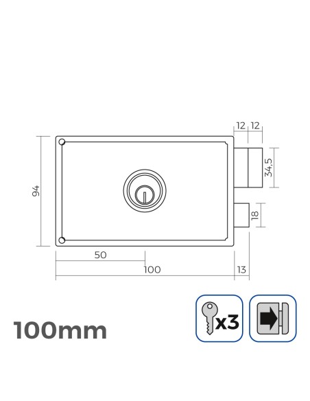 Cerradura derecha 100mm 3 llaves incluidas