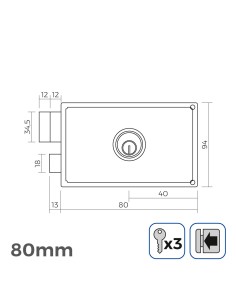 Cerradura izquierda 80 mm 3 llaves incluidas 2