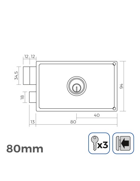 Cerradura izquierda 80 mm 3 llaves incluidas