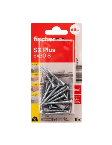 Tacos sx plus sk nv ø6 x 30 mm + tornillos ø4,5 x 40 mm, blister 15 uds